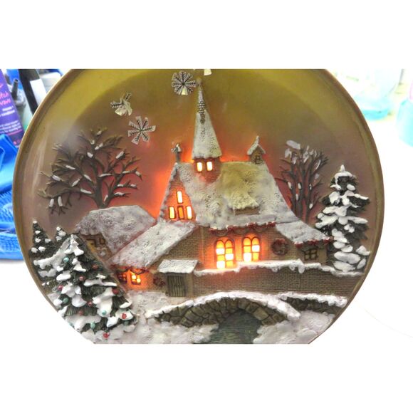 Vintage Plug In Lighted 3D Round 6.75" Plate of Church Christmas Scene Beautiful - Picture 2 of 3